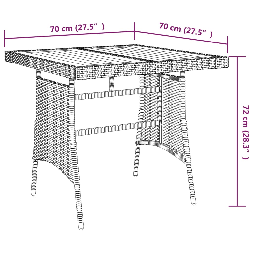 vidaXL szürke polyrattan és tömör akácfa kerti asztal 70 x 70 x 72 cm