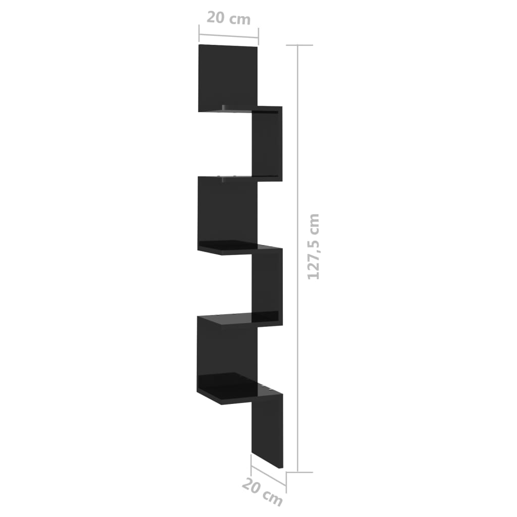 vidaXL magasfényű fekete forgácslap fali sarokpolc 20 x 20 x 127,5 cm