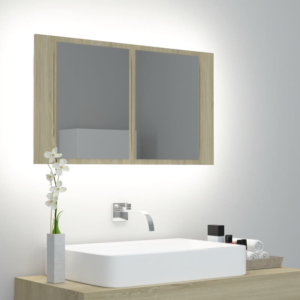 vidaXL tölgyszínű LED-es tükrös fürdőszobaszekrény 80 x 12 x 45 cm