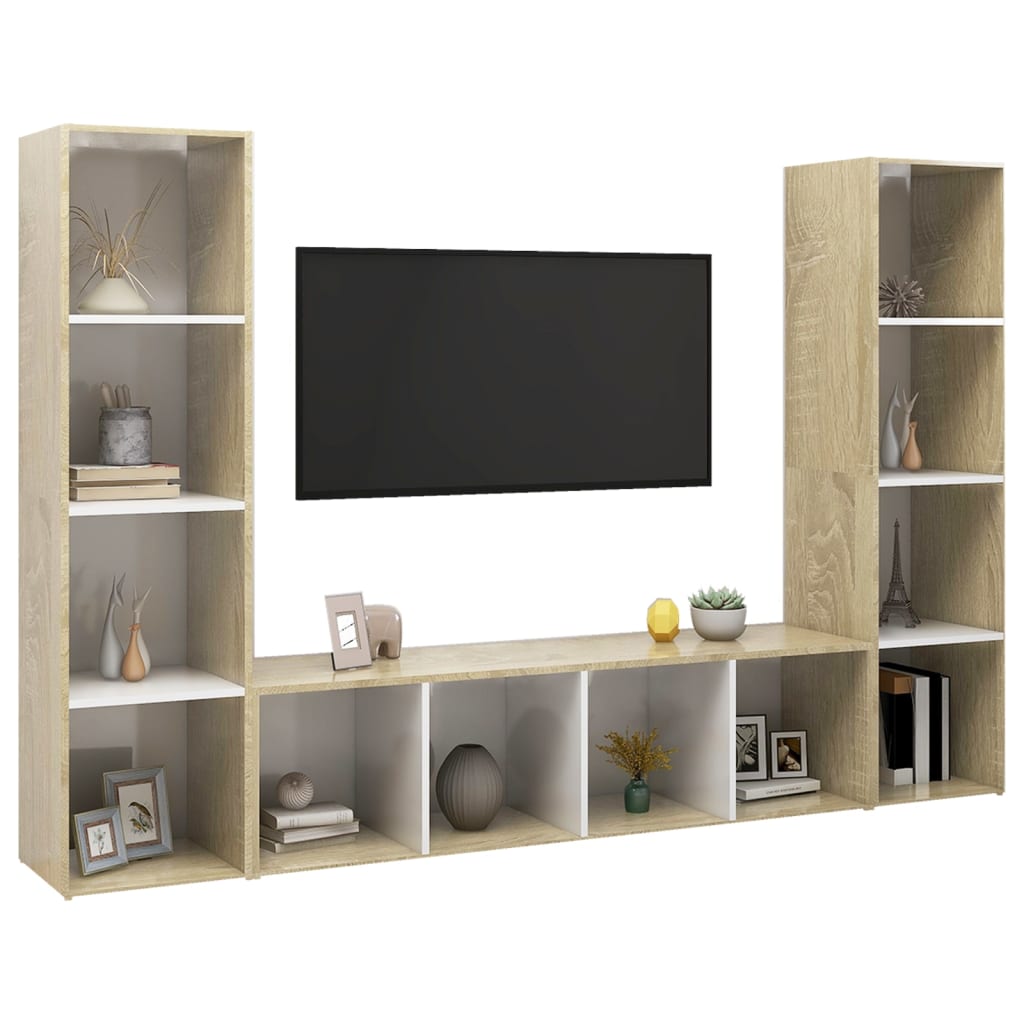vidaXL 3 db fehér-sonoma színű forgácslap TV-szekrény 142,5x35x36,5 cm