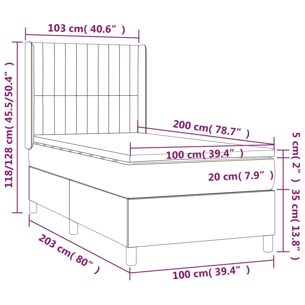 vidaXL fekete bársony rugós ágy matraccal 100 x 200 cm