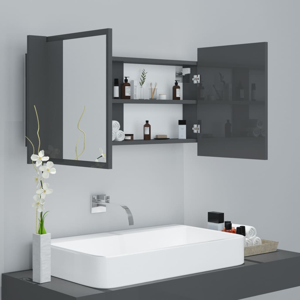 vidaXL magasfényű szürke LED-es tükrös fürdőszobaszekrény 90x12x45 cm