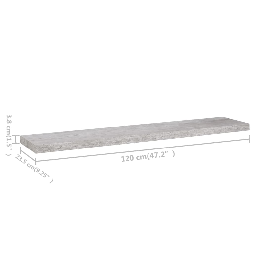 vidaXL 2 db betonszürke MDF lebegő fali polc 120 x 23,5 x 3,8 cm