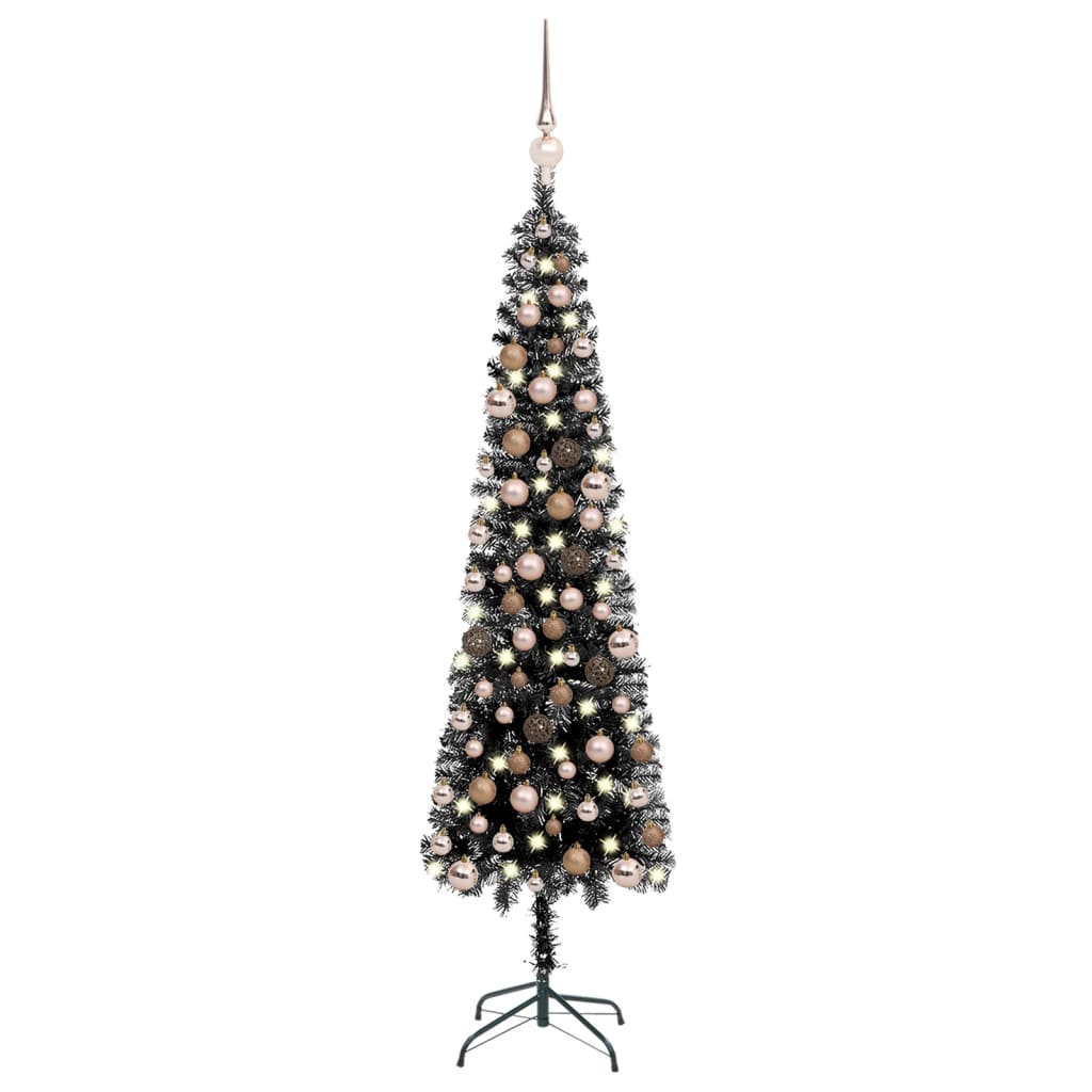 vidaXL fekete megvilágított vékony műkarácsonyfa gömb szettel 150 cm