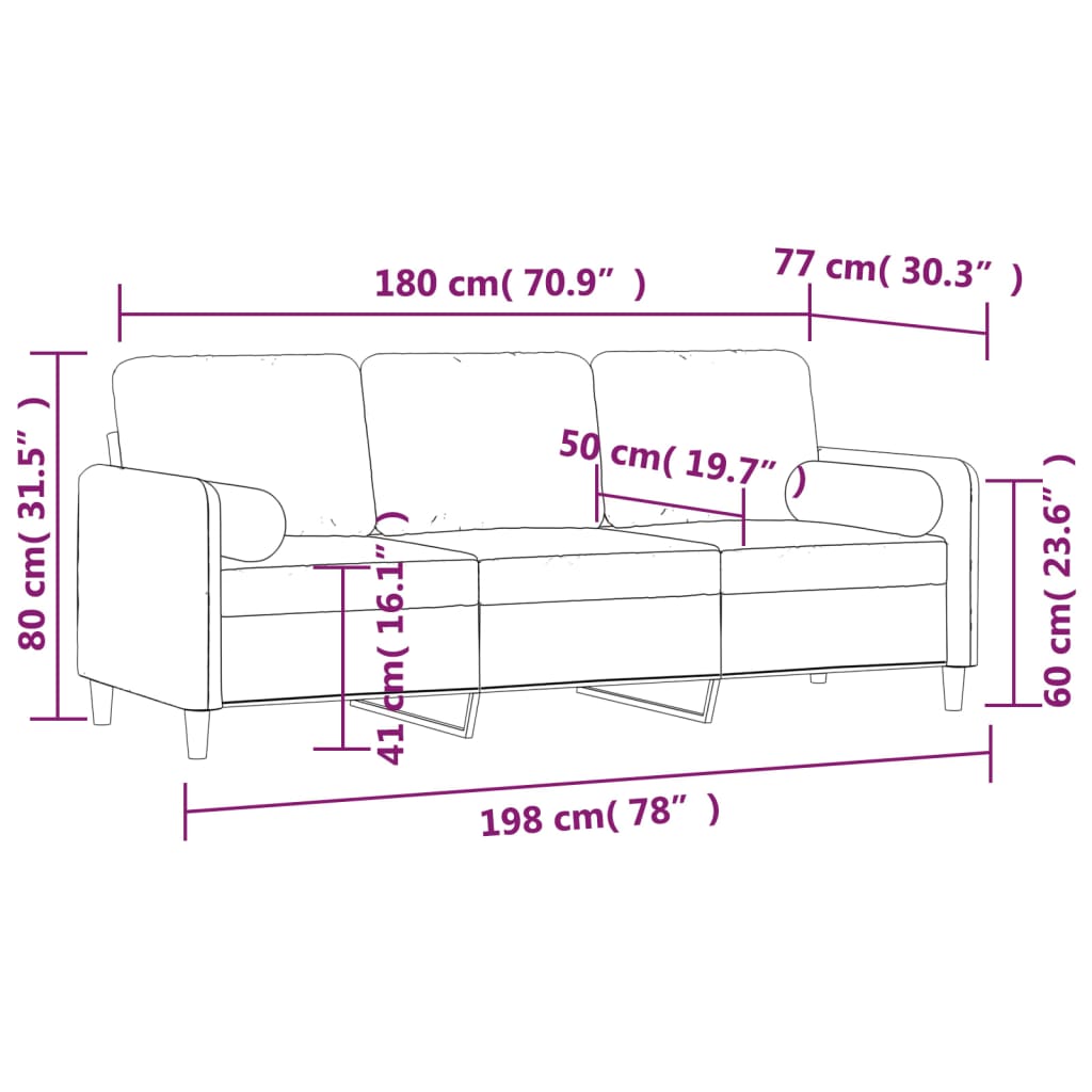 vidaXL 3 személyes világosszürke bársony kanapé párnákkal 180 cm