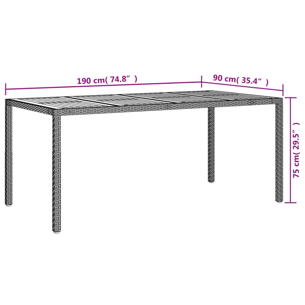vidaXL fekete polyrattan és akácfa kerti asztal 190 x 90 x 75 cm