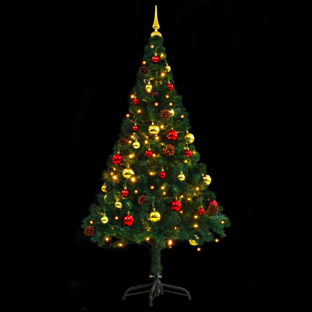 vidaXL zöld megvilágított műkarácsonyfa gömbökkel 150 cm