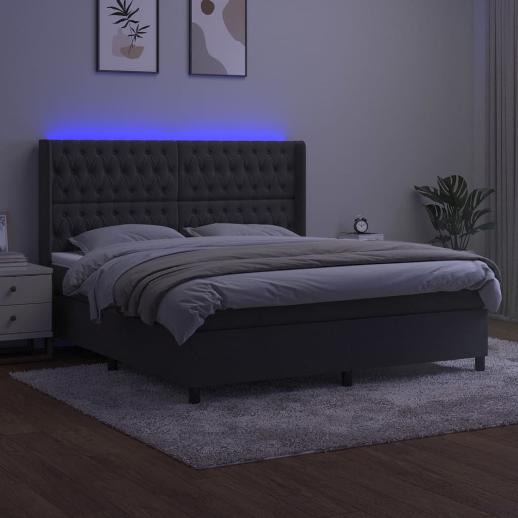 vidaXL sötétszürke bársony rugós és LED-es ágy matraccal 180x200 cm