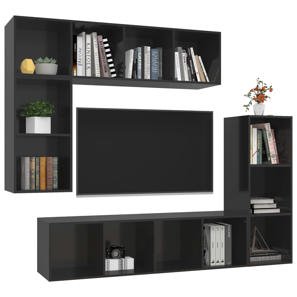 vidaXL 4 részes magasfényű fekete forgácslap TV-szekrény szett
