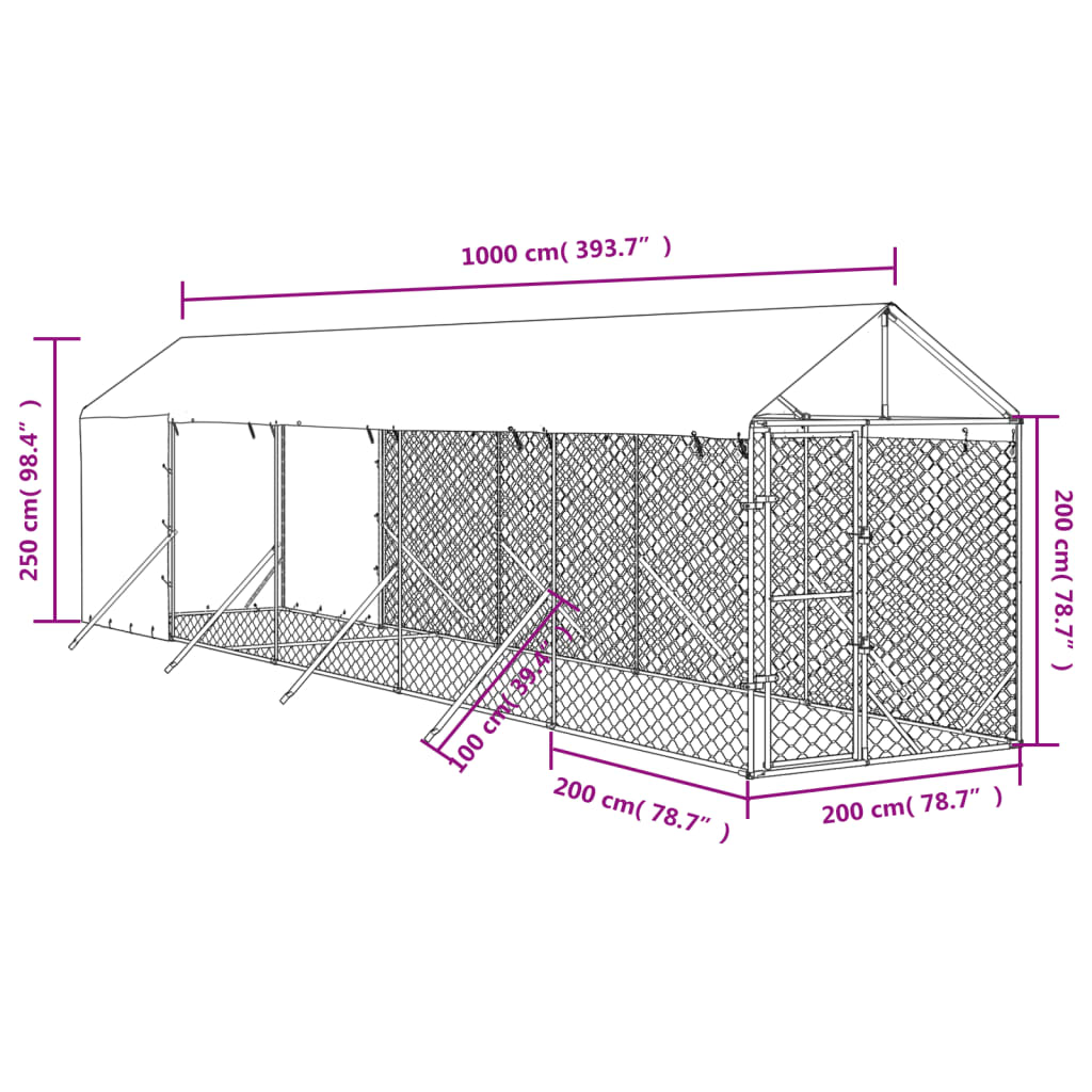vidaXL ezüstszínű horganyzott acél kutyakennel tetővel 2x10x2,5 m