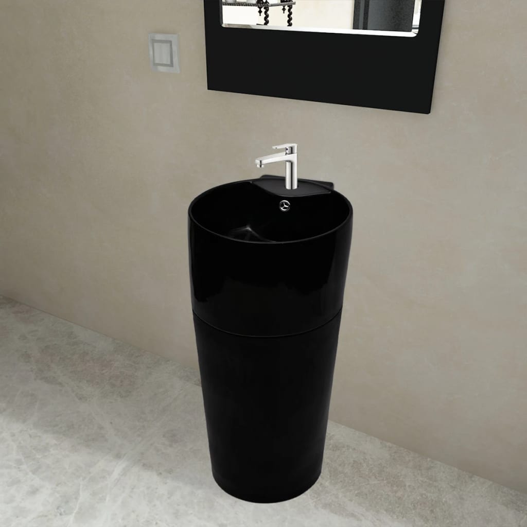 Kerek álló kerámia fürdőszoba mosdókagyló csaptelep/túlfolyó lyukkal fekete