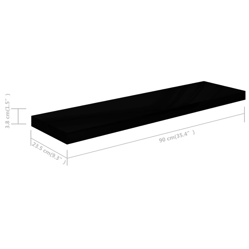 vidaXL 4 db magasfényű fekete MDF fali polc 90 x 23,5 x 3,8 cm