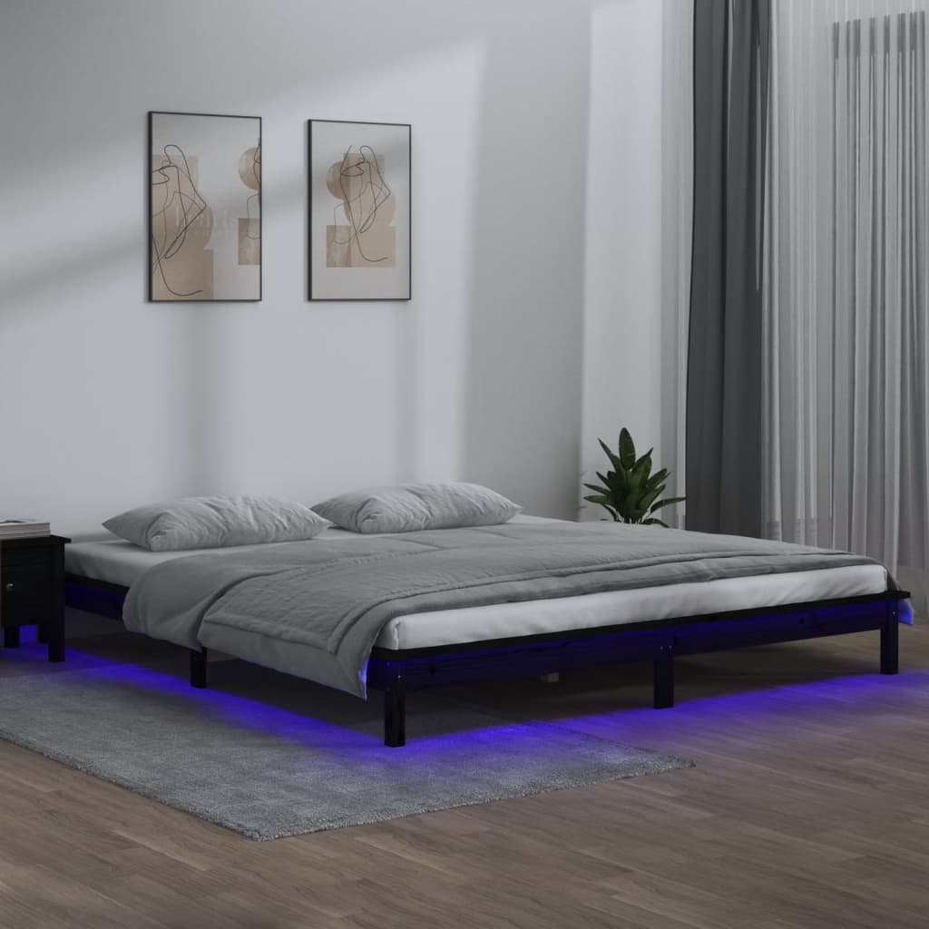 vidaXL fekete tömör fa ágykeret LED-világítással 140x190 cm