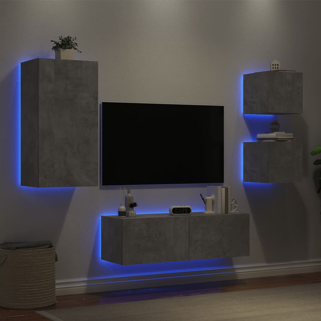 vidaXL 4 darab betonszürke falra szerelhető TV-szekrény LED-del