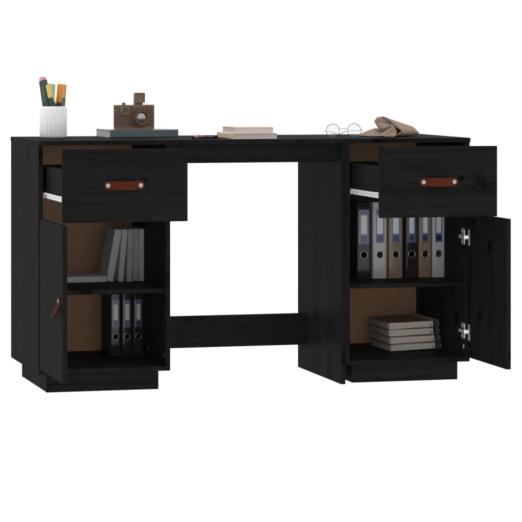 vidaXL fekete tömör fenyőfa íróasztal szekrényekkel 135 x 50 x 75 cm