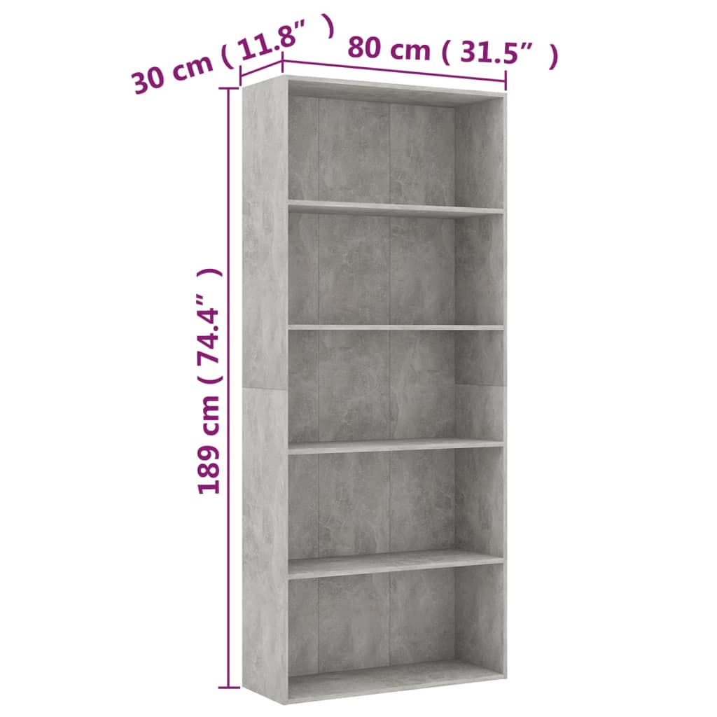 vidaXL 5 szintes betonszürke forgácslap könyvszekrény 80 x 30 x 189 cm