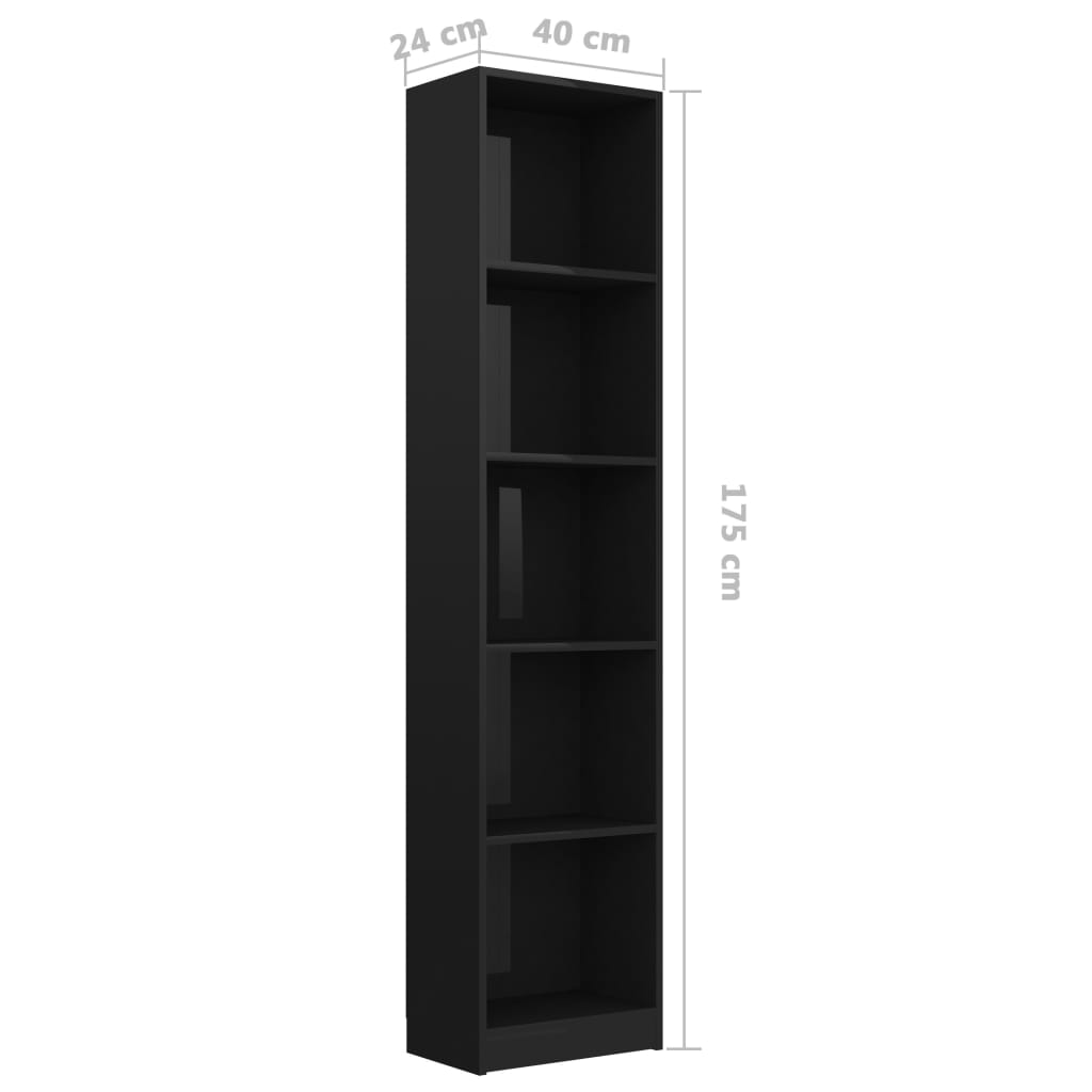 vidaXL 5-szintes magasfényű fekete forgácslap könyvszekrény 40x24x175cm