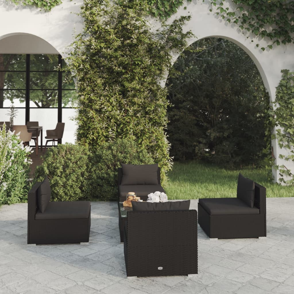 vidaXL 5-részes fekete polyrattan kerti ülőgarnitúra párnákkal
