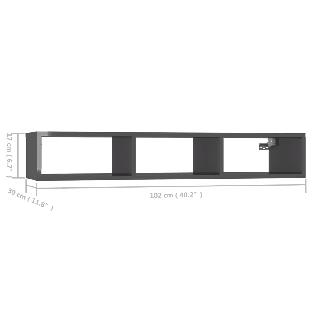 vidaXL magasfényű szürke forgácslap fali polc 102 x 30 x 17 cm