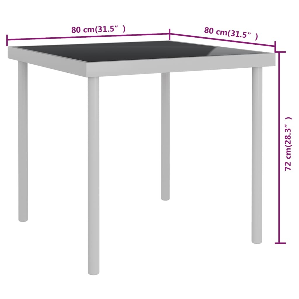 vidaXL világosszürke üveg és acél kültéri étkezőasztal 80 x 80 x 72 cm