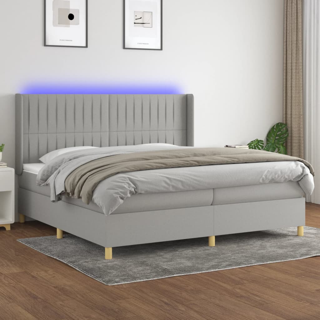 vidaXL világosszürke szövet rugós és LED-es ágy matraccal 200x200 cm
