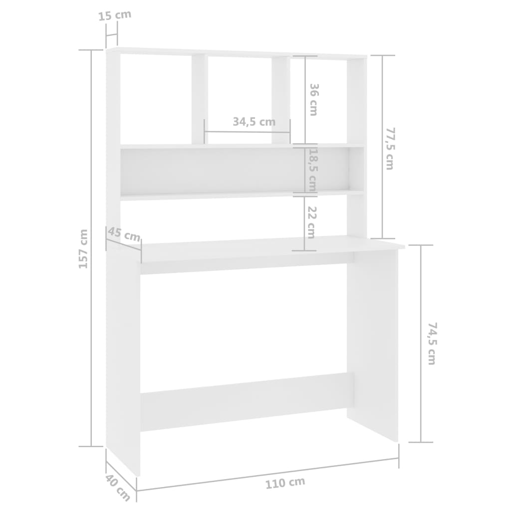 vidaXL fehér forgácslap íróasztal polcokkal 110 x 45 x 157 cm