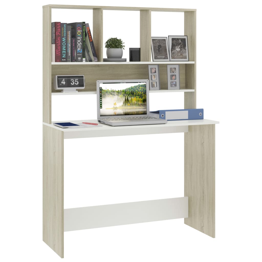 vidaXL fehér-Sonoma színű forgácslap íróasztal polcokkal 110 x 45 x 157 cm
