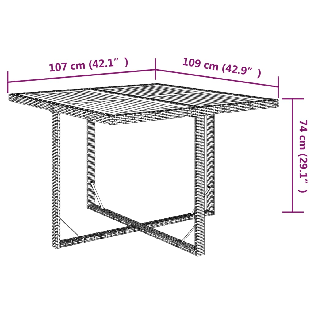 vidaXL bézs polyrattan és tömör akácfa kerti asztal 109 x 107 x 74 cm