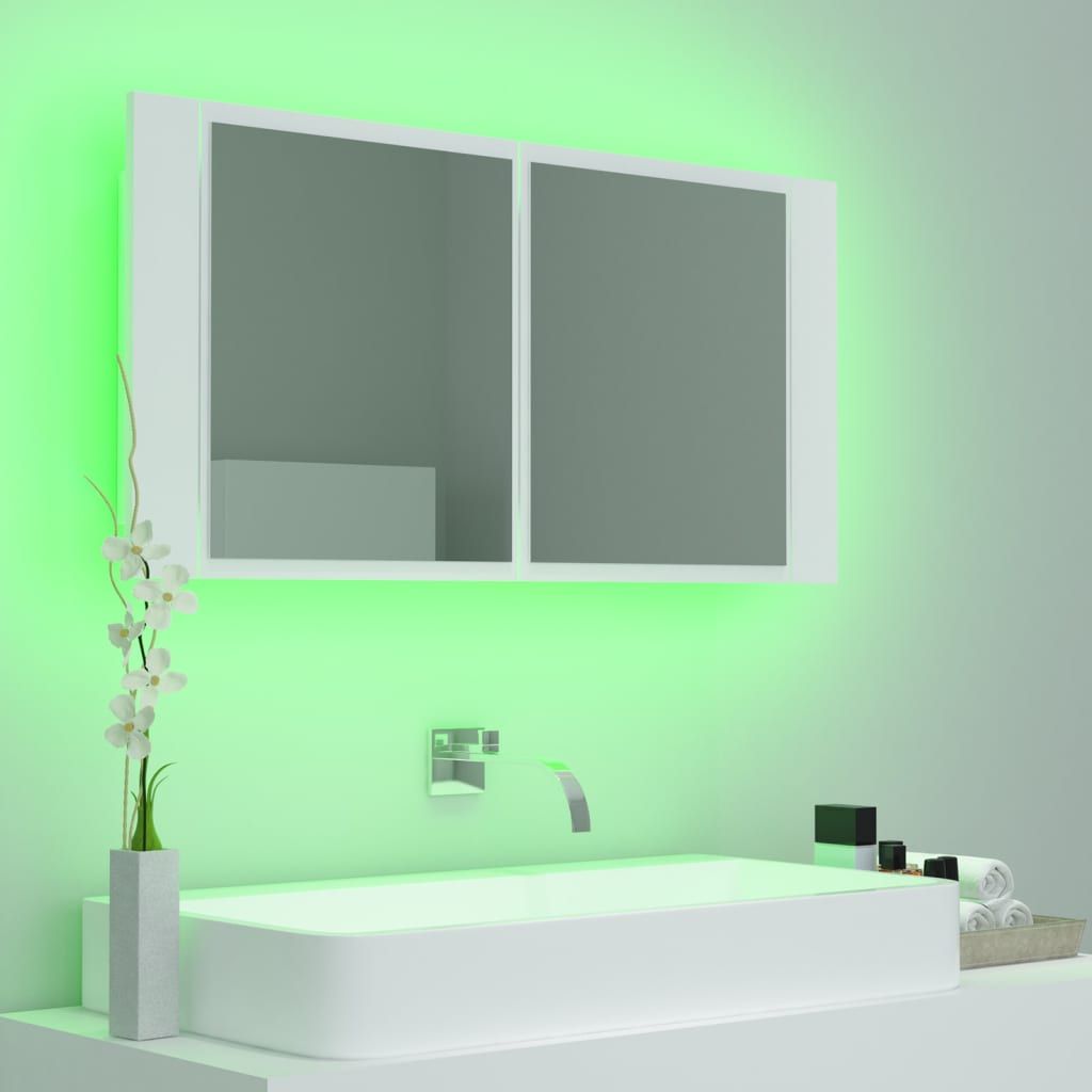 vidaXL fehér akril LED-es fürdőszobaszekrény tükörrel 90x12x45 cm