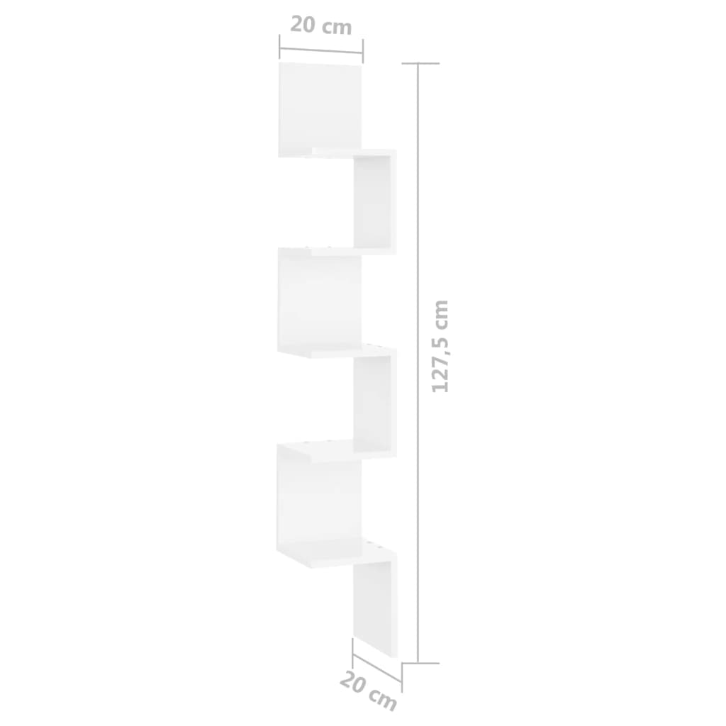vidaXL magasfényű fehér forgácslap fali sarokpolc 20 x 20 x 127,5 cm
