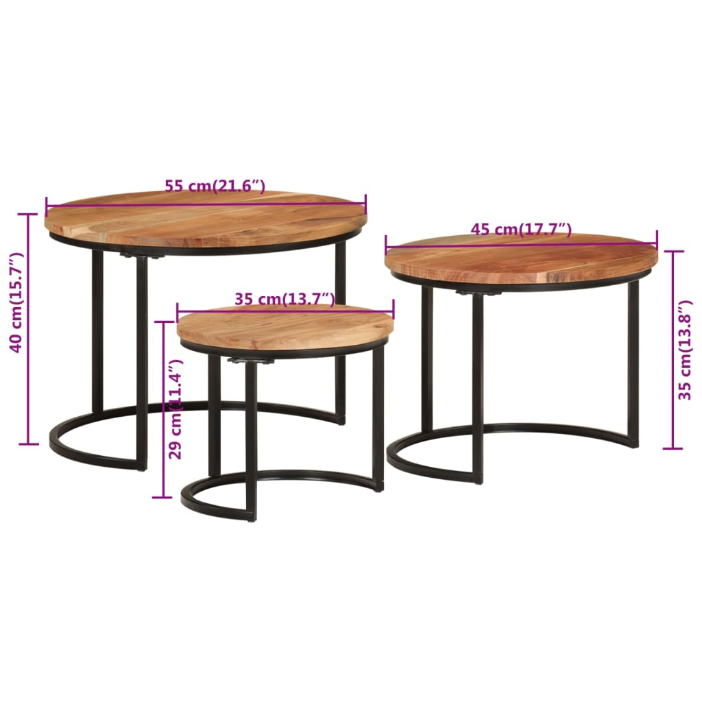 vidaXL 3 db tömör akácfa rakásolható asztal