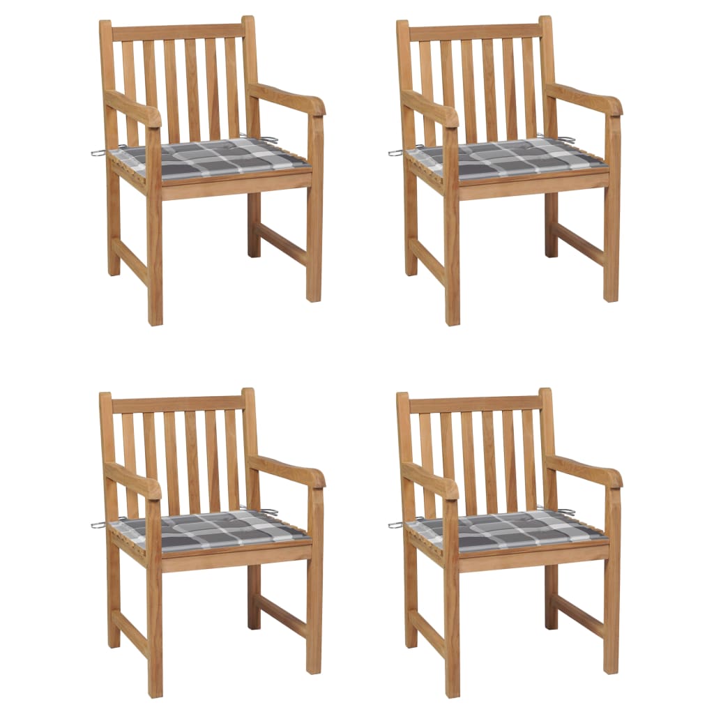 vidaXL 4 db tömör tíkfa kerti szék szürke kockás párnákkal