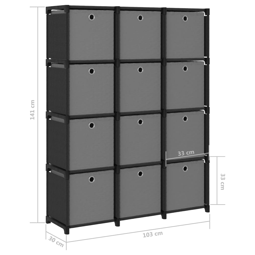 vidaXL 12 rekeszes fekete szövet bemutató polc dobozokkal 103x30x141cm