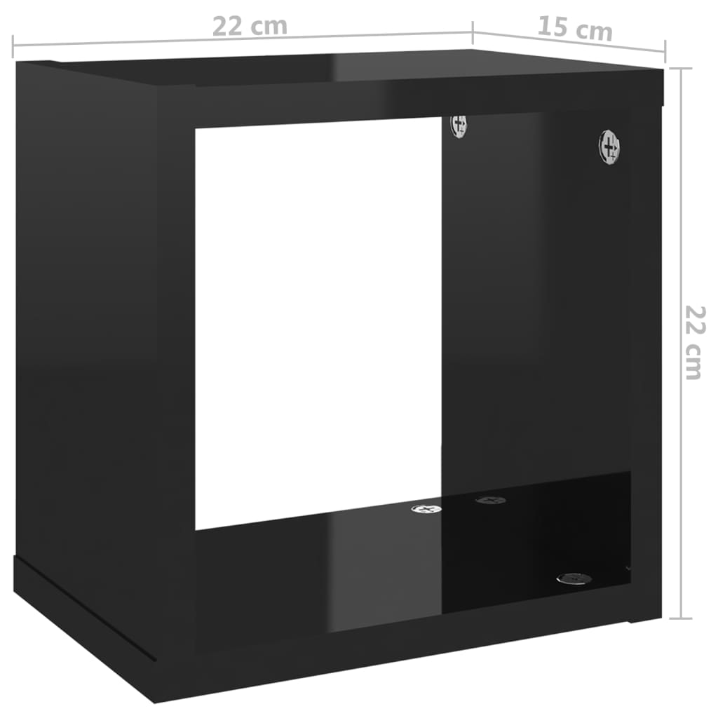 vidaXL 2 db magasfényű fekete fali kockapolc 22 x 15 x 22 cm
