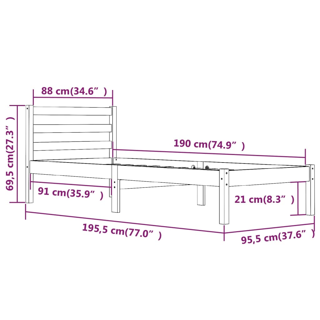 vidaXL Single tömör fenyőfa ágykeret 90 x 190 cm