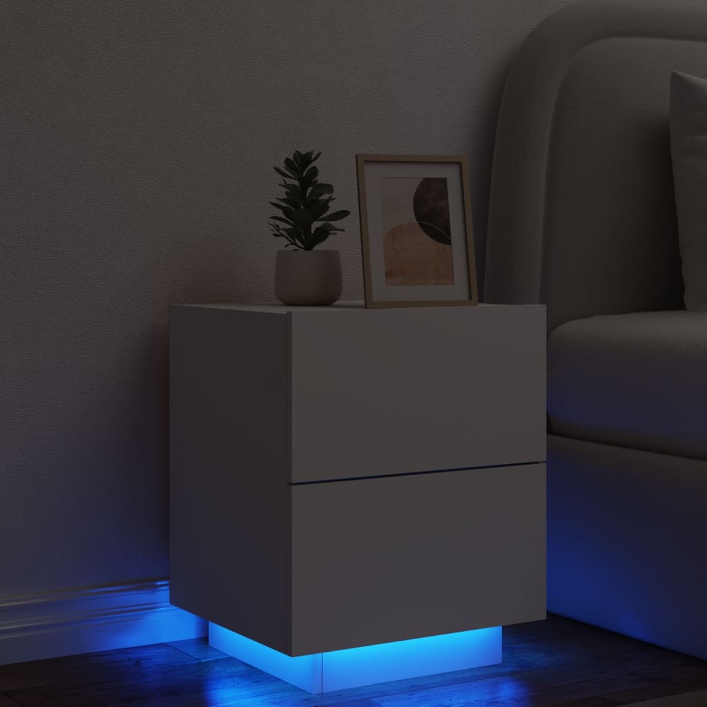 vidaXL fehér szerelt fa éjjeliszekrény LED-fényekkel