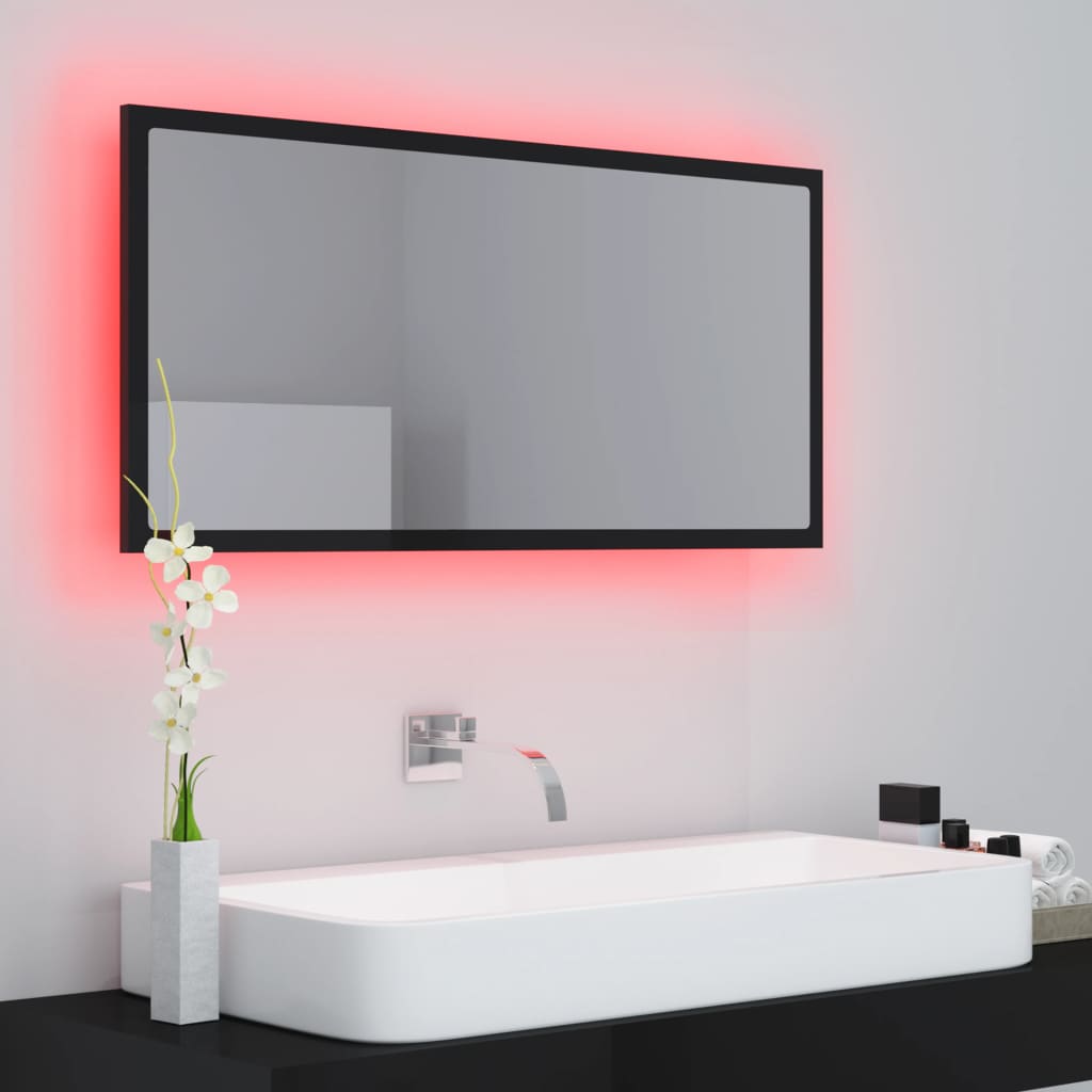 vidaXL magasfényű fekete akril LED-es fürdőszobatükör 90x8,5x37 cm
