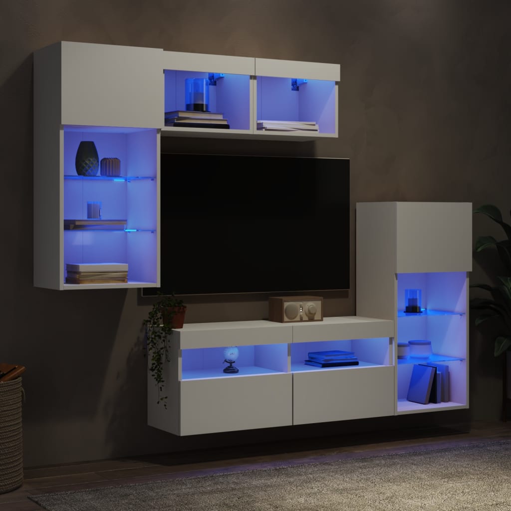 vidaXL 5 darab fehér szerelt fa fali TV-bútor LED-del
