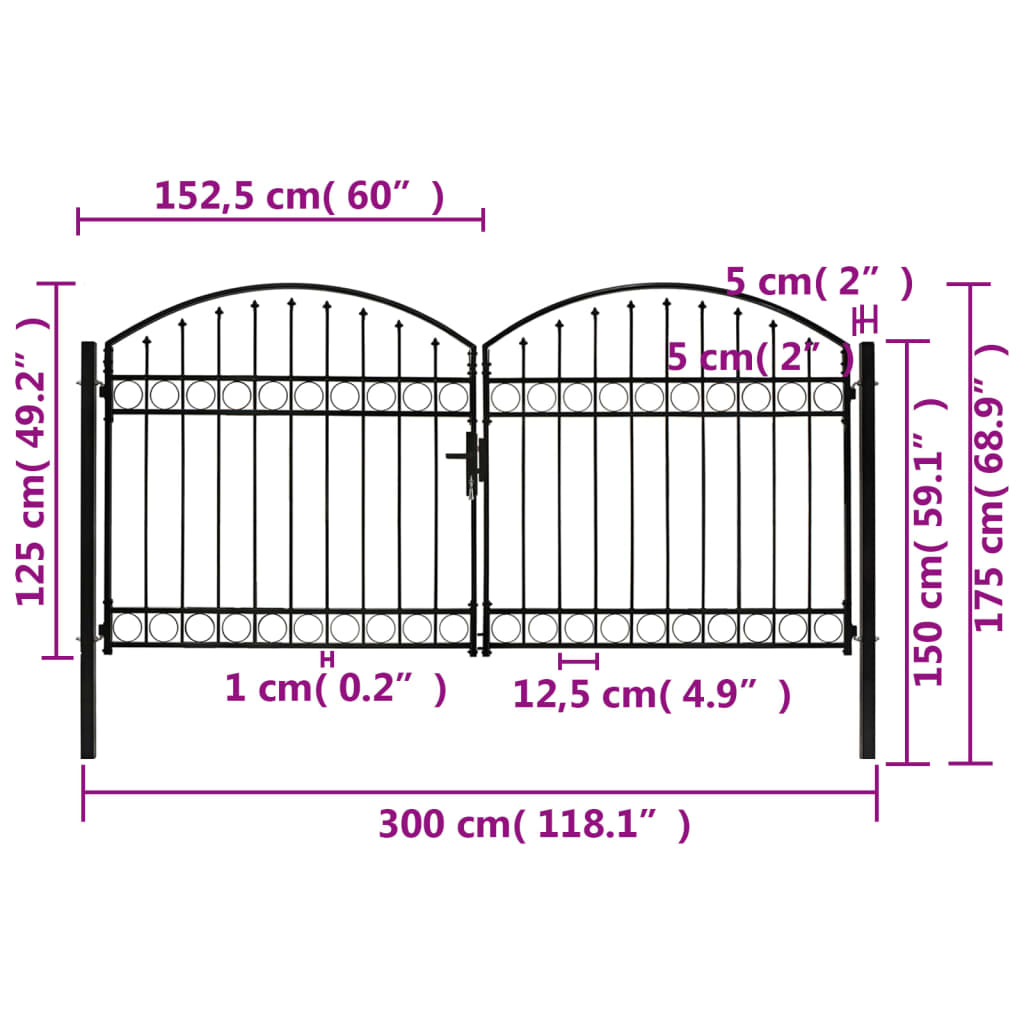 vidaXL ívelt tetejű kétajtós fekete acél kerítéskapu 300 x 125 cm