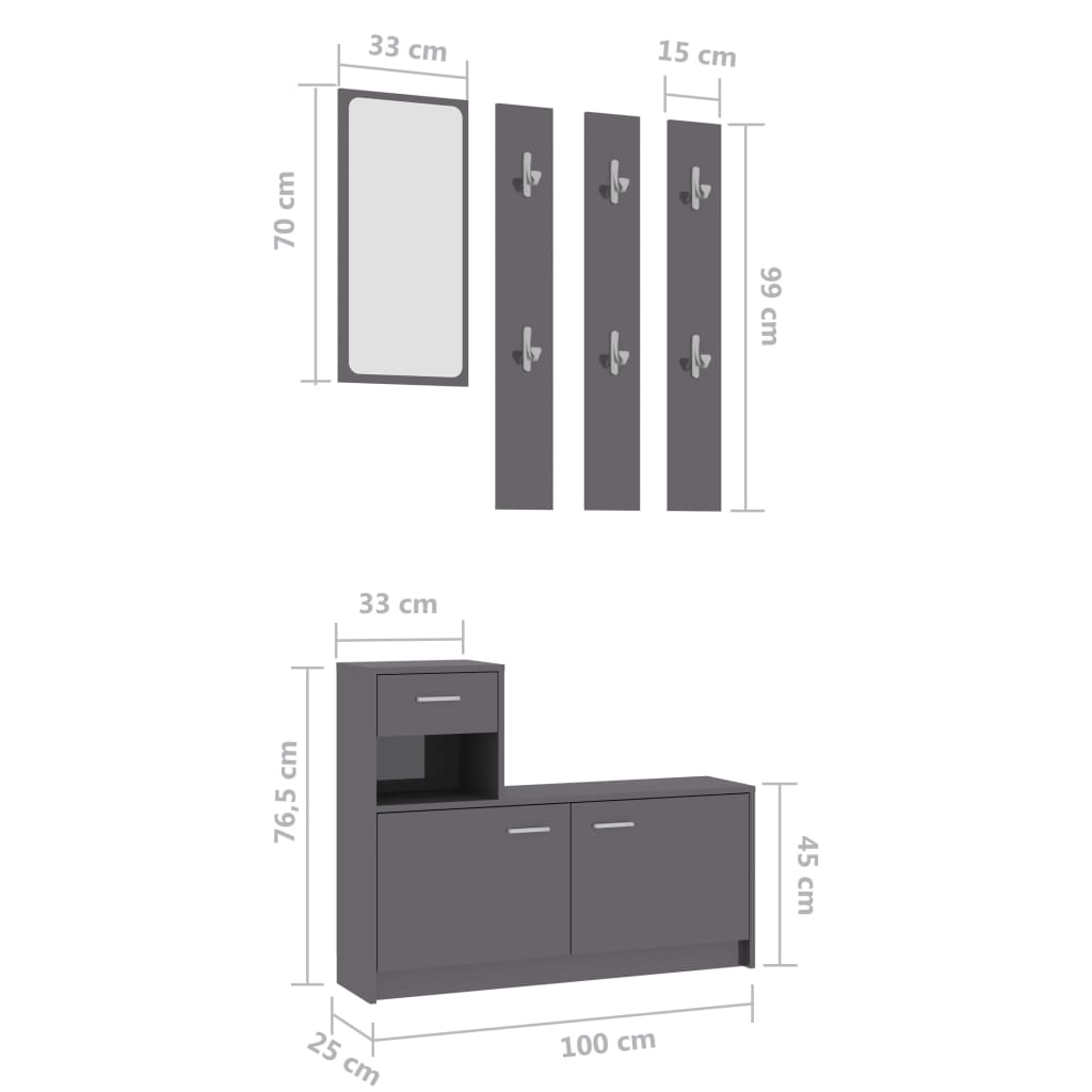 vidaXL magasfényű szürke forgácslap előszoba bútor 100 x 25 x 76,5 cm