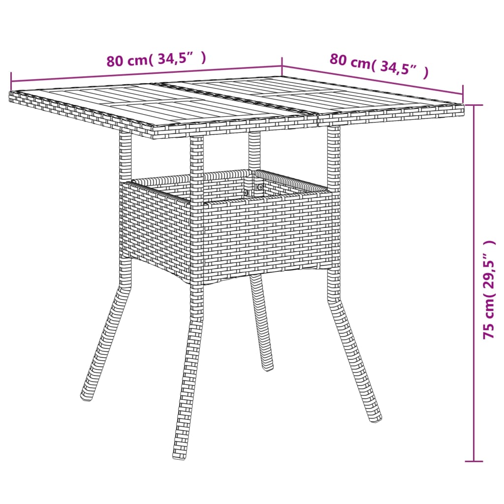 vidaXL szürke polyrattan kerti asztal akácfa lappal 80 x 80 x 75 cm