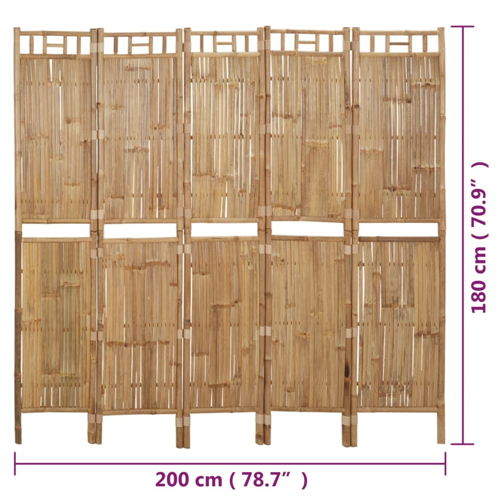 vidaXL 5 paneles bambusz paraván 200 x 180 cm