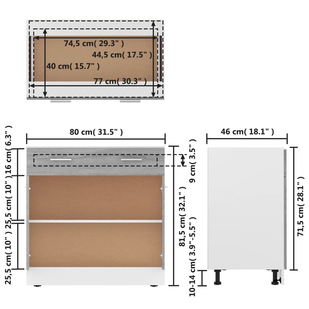 vidaXL szürke sonoma színű szerelt fa fiókos szekrény 80x46x81,5 cm