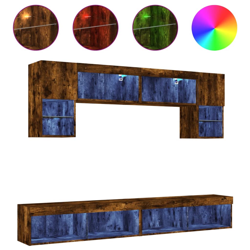 vidaXL 6 darab füstös tölgy színű szerelt fa TV-bútor LED-del