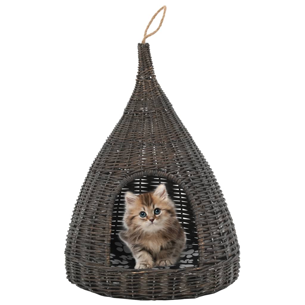vidaXL szürke természetes fűzfa macskaház párnával és tipi-sátorral