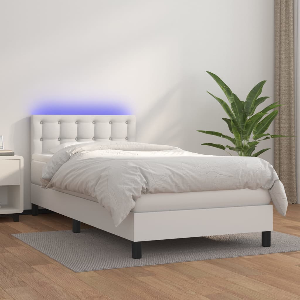 vidaXL fehér műbőr rugós ágy matraccal és LED-del 90x200 cm