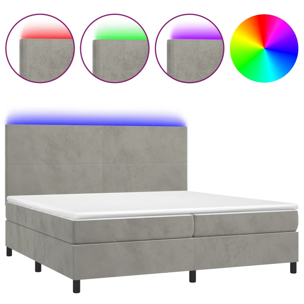 vidaXL világosszürke bársony rugós és LED-es ágy matraccal 200x200 cm