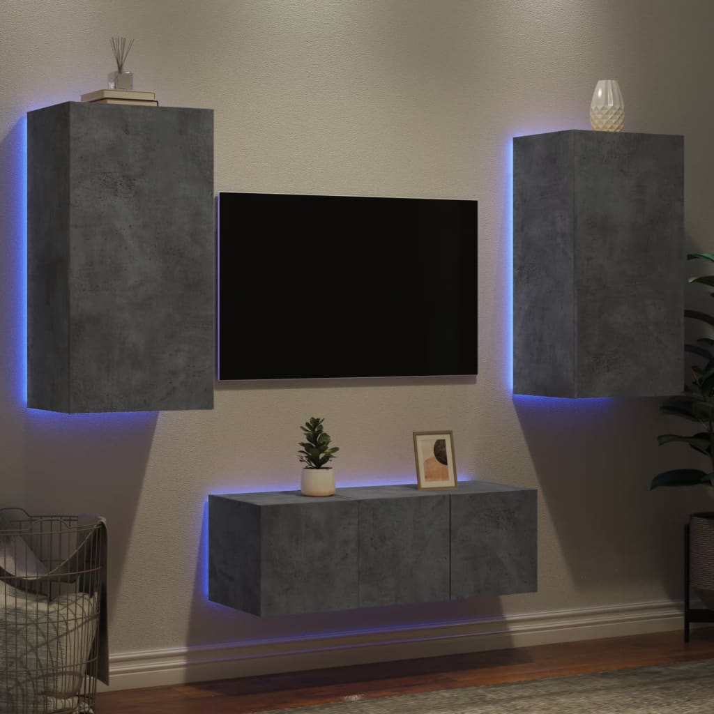 vidaXL 4 darab betonszürke szerelt fa fali TV-bútor LED-del