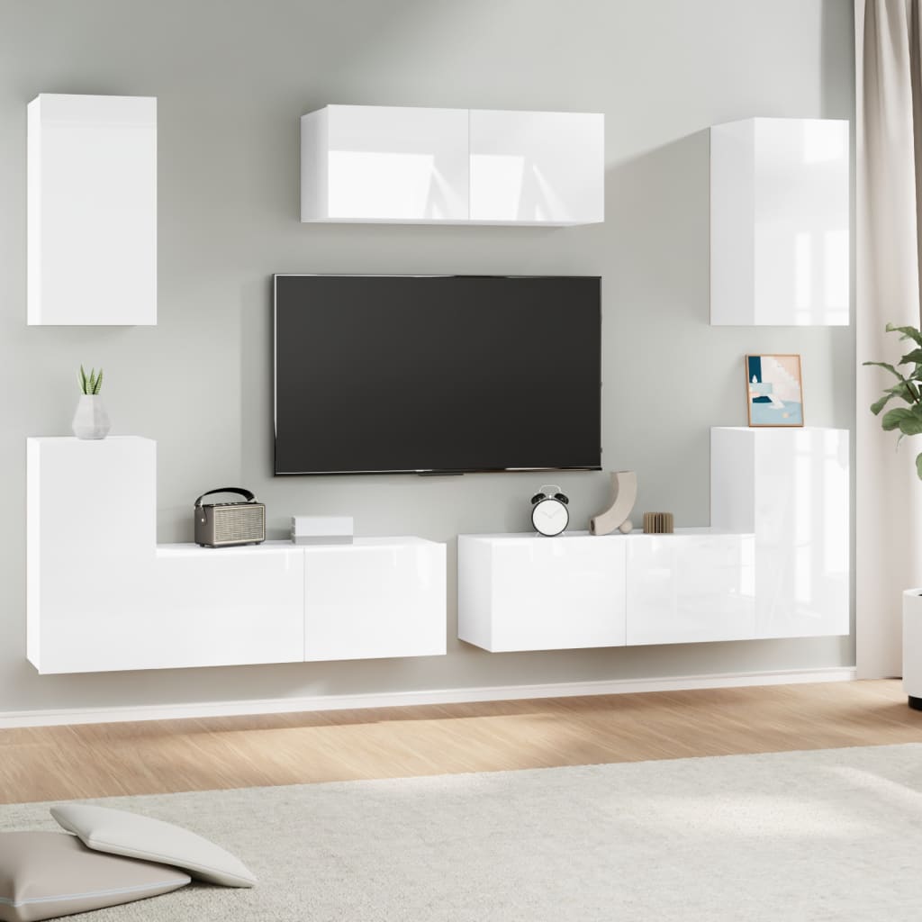 vidaXL 7 részes magasfényű fehér szerelt fa TV-szekrényszett