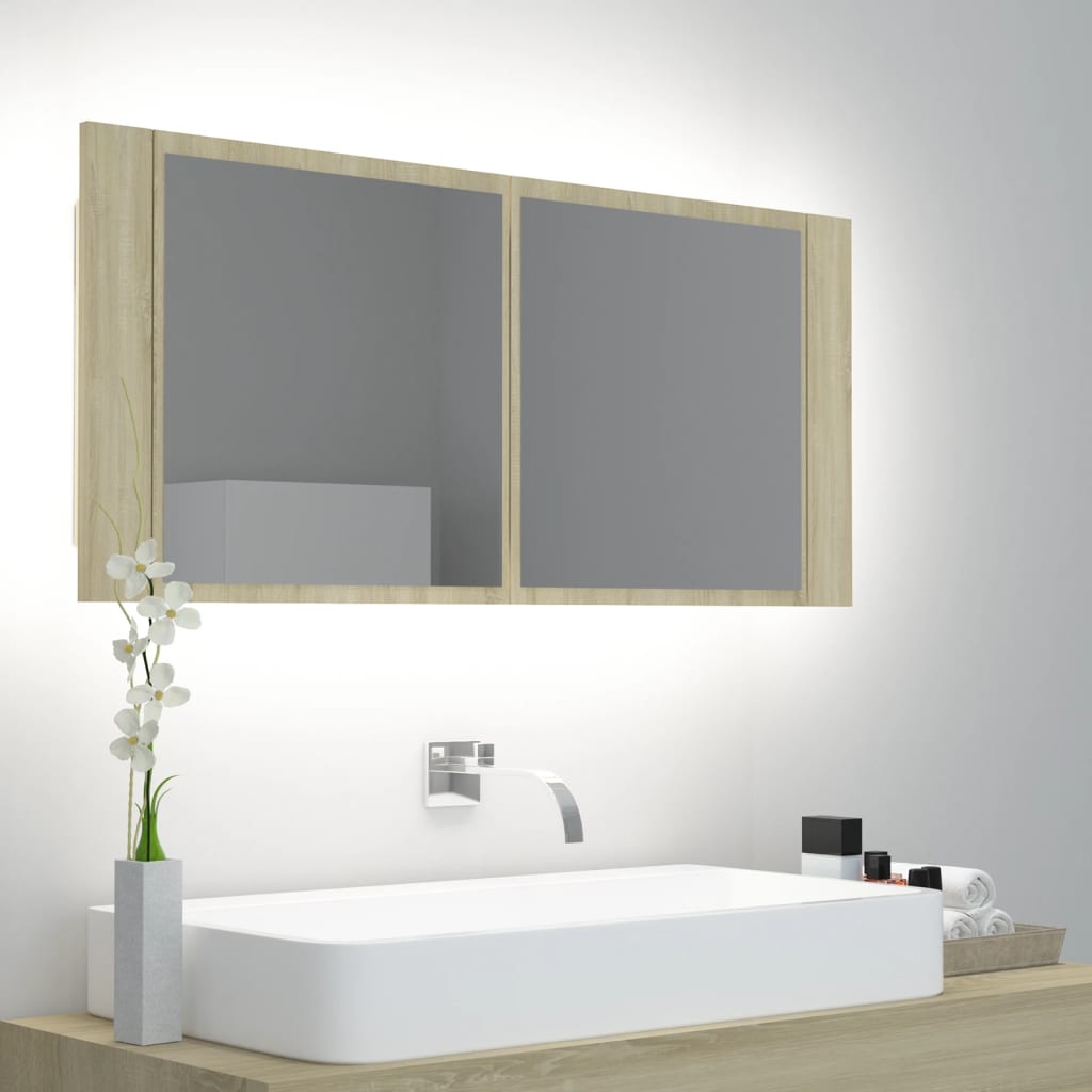 vidaXL tölgyszínű LED-es tükrös fürdőszobaszekrény 100 x 12 x 45 cm
